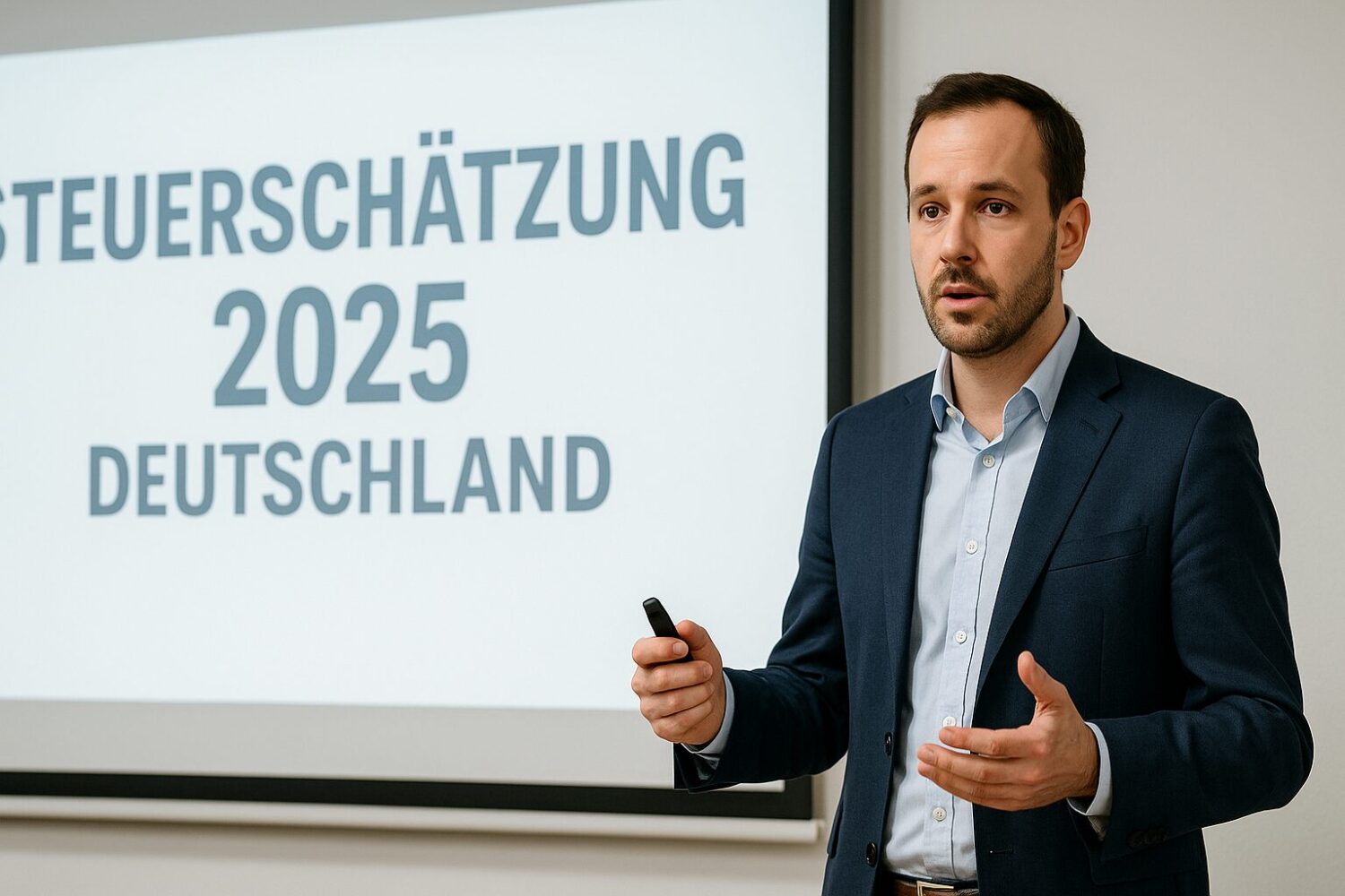 Bild von einem Mann der im blauen Anzug präsentiert, er steht vor einer Präsentation der Steuerschätzung 2025 Deutschland.