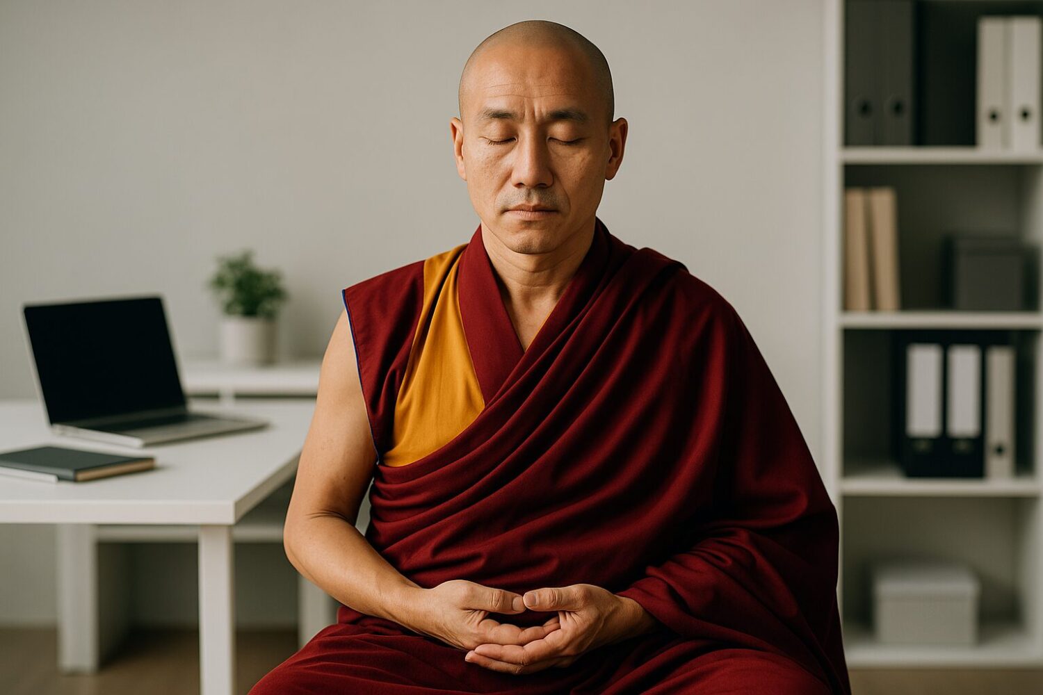 Ein buddhistischer Mensch sitzt im Büro und meditiert.