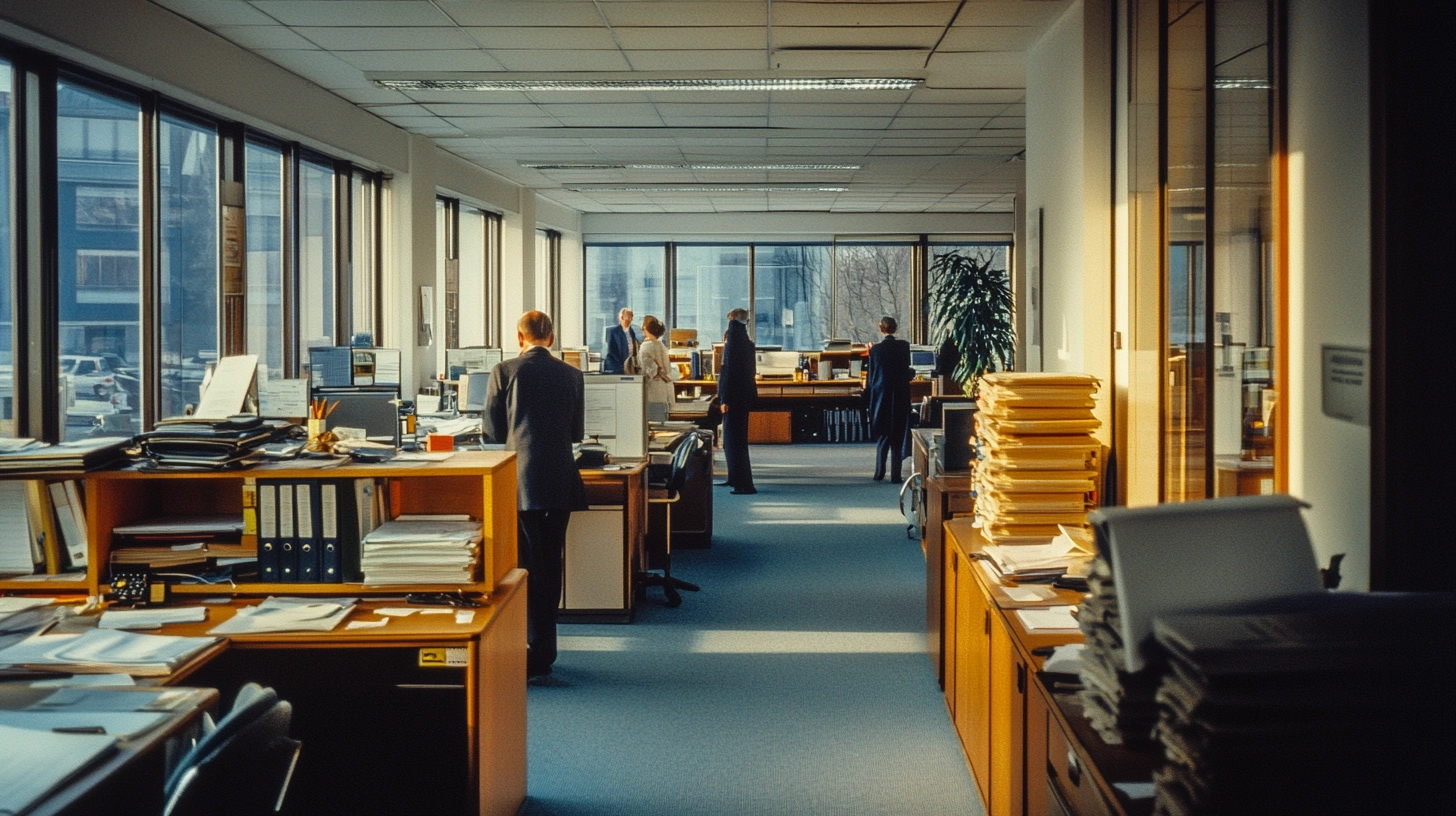 Ein KI-generiertes Bild, das ein Personalbüro aus den 90er Jahren zeigt. Im Vordergrund sind Schreibtische und PCs der 90er Jahre zu sehen. Im Hintergrund: Menschen, gekleidet im Stil der 90er. Teil der HR-Geschichte Teil 2