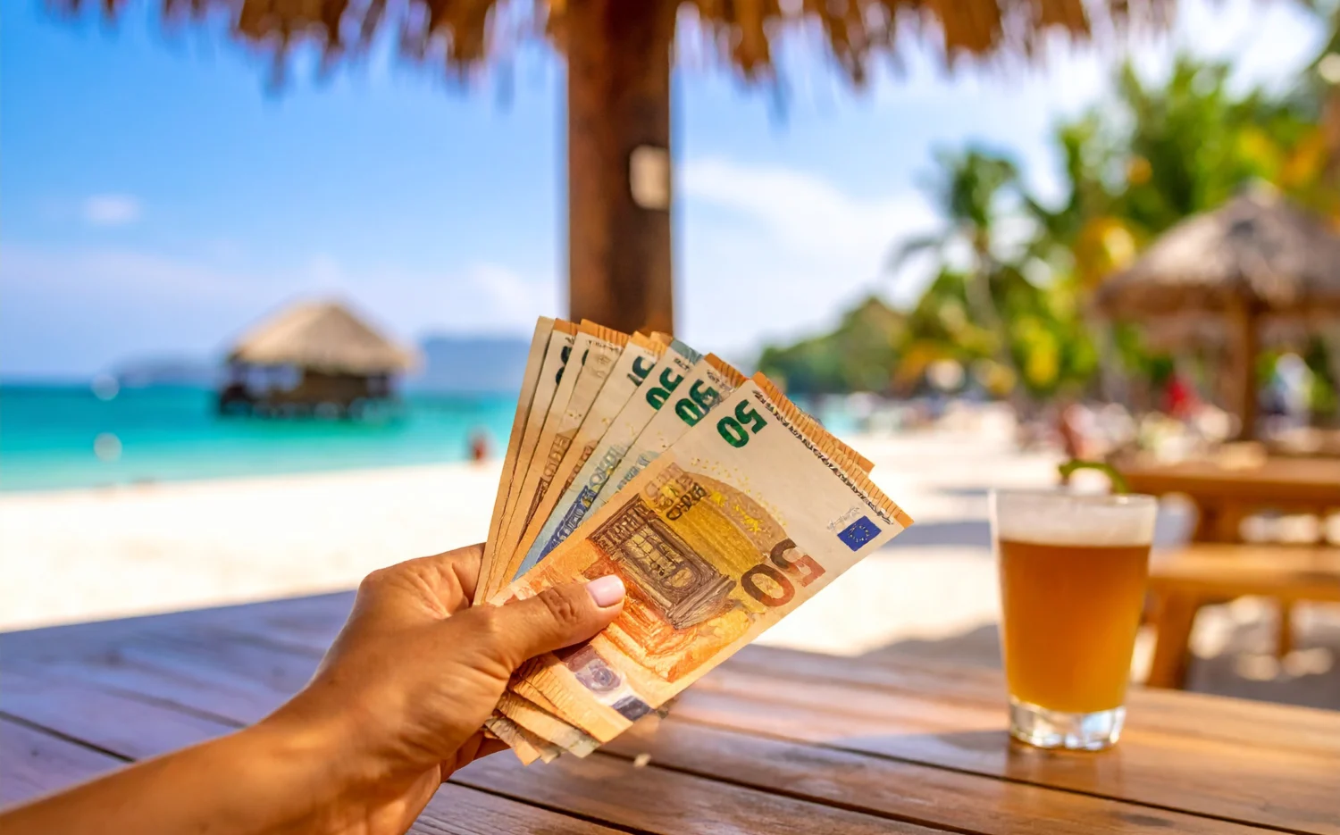 Eine Hand hält 50 Euro Scheine in der Hand. Im Hintergund ist eine Strandbar und ein Strand, sowie das Meer zu sehen.