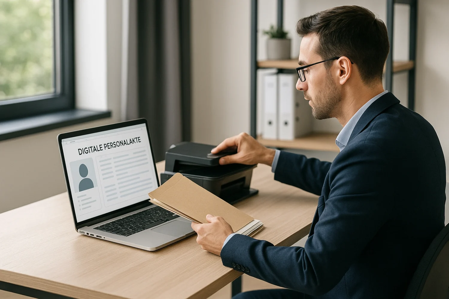 Ein dunkelhaariger Mann in blauen Jackett sitzt in einem modernen Büro an seinem Laptop und scannt ein Dokument für die digitale Personalakte ein.