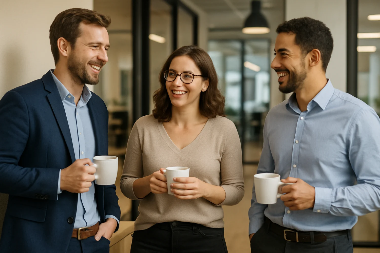 2 Männer und eine Frau unterhalten sich locker in einem modernen Büro mit Kaffee in der Hand.