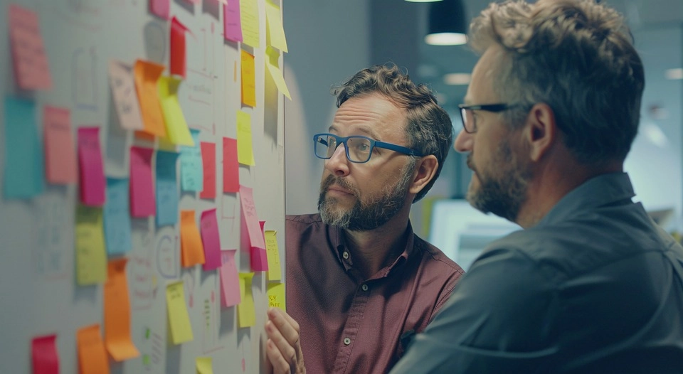 KI-generiertes Bild. Zwei Männer schauen sich eine Tafel mit Post-its an, die die Aufgaben zusammenfasst.