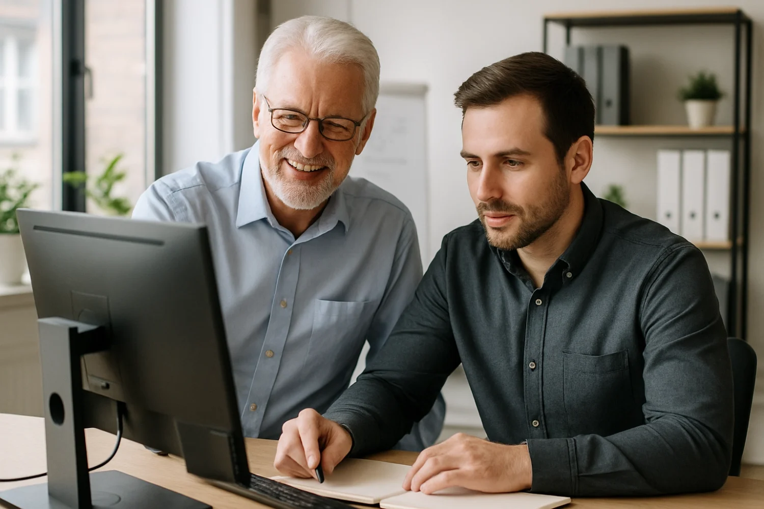 Erfahrene Fachkraft 60+, gibt Wissen weiter Junger Mitarbeiter, modernes Büro, schauen zusammen auf einen Laptop, modernes Büro