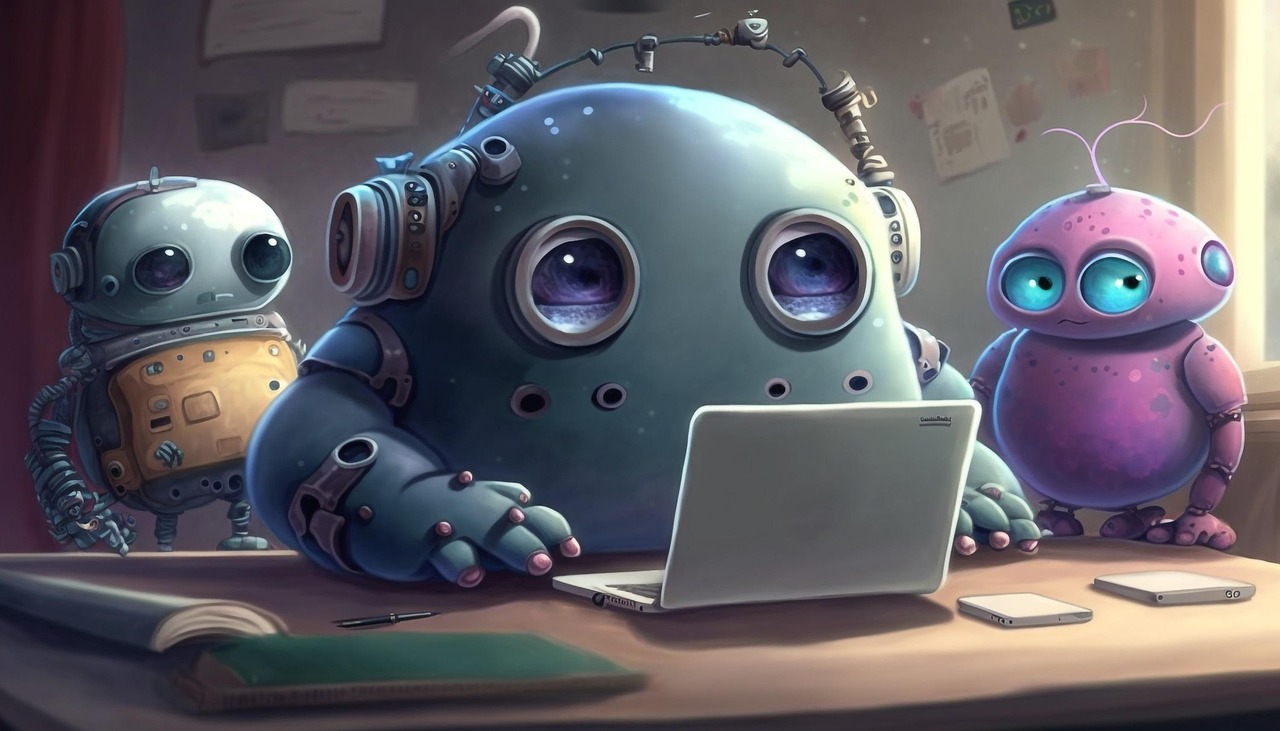 Chatbot dargestellt durch drei Roboter, die hinter einem Laptop sitzen.