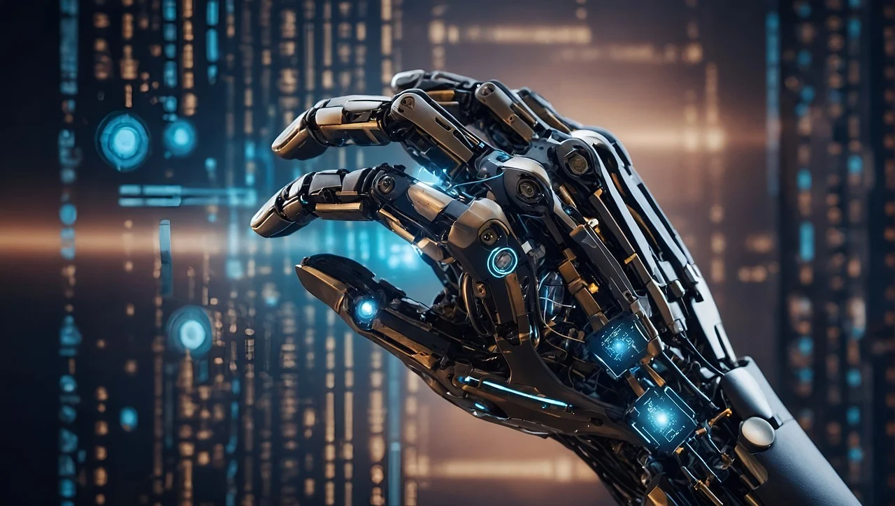Êine Computerhand ordnet Daten. Futuristischer Stil.