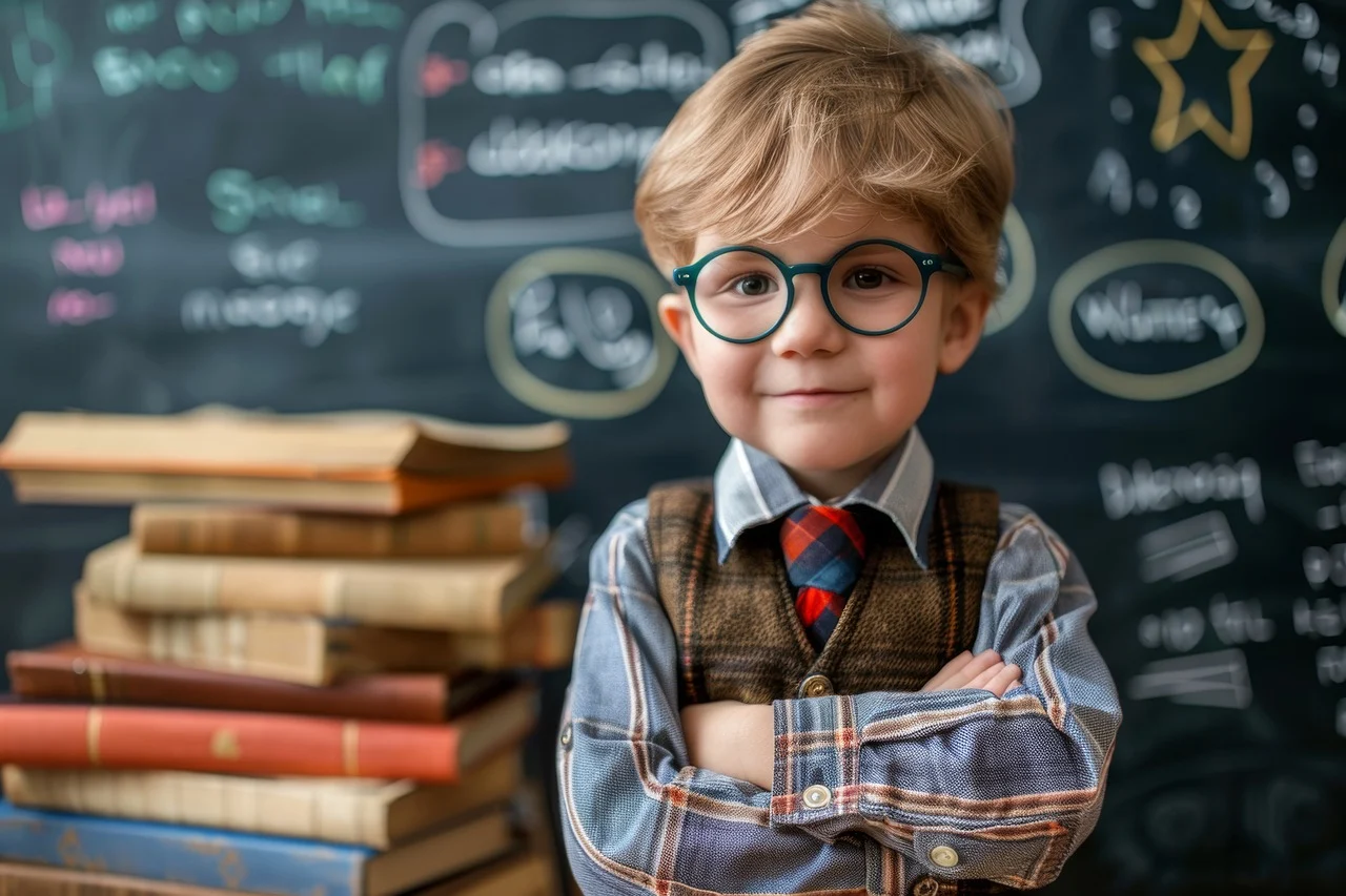 KI generiertes Bild. Ein Junge mit Brille und Krawatte steht vor einer Tafel, auf viel geschrieben steht. Neben ihm ist ein Stapel voller Bücher u.a. über das Thema Up- & Reskilling