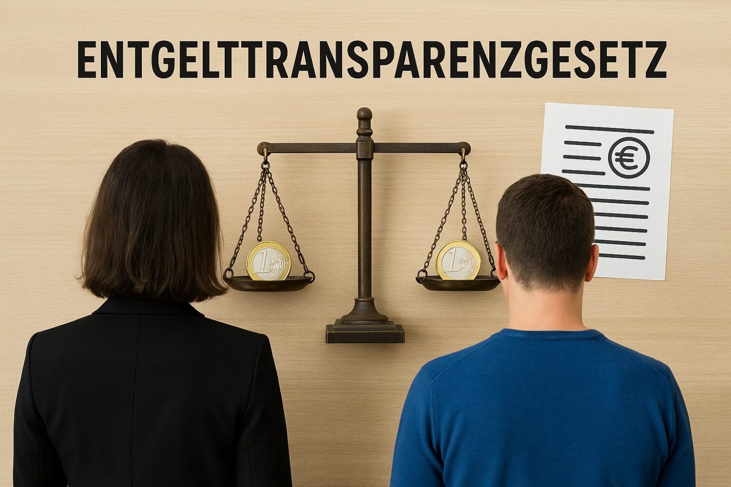 Eine Frau und ein Mann schauen auf eine Waage, die auf beiden Seiten Geld trägt.