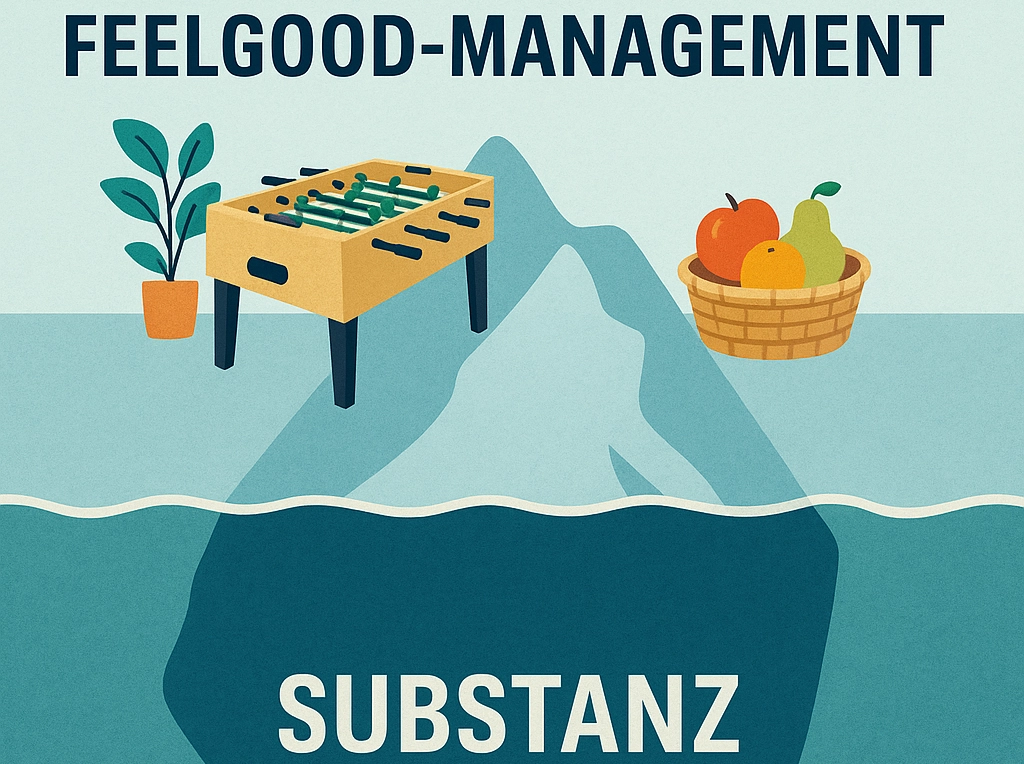 Ein Eisberg in der Mitte geteilt. Oben steht in blauen Buchstaben Feelgood-Management und ein Kicker, Obstkorb und eine Pflanze. Unten steht Substanz.