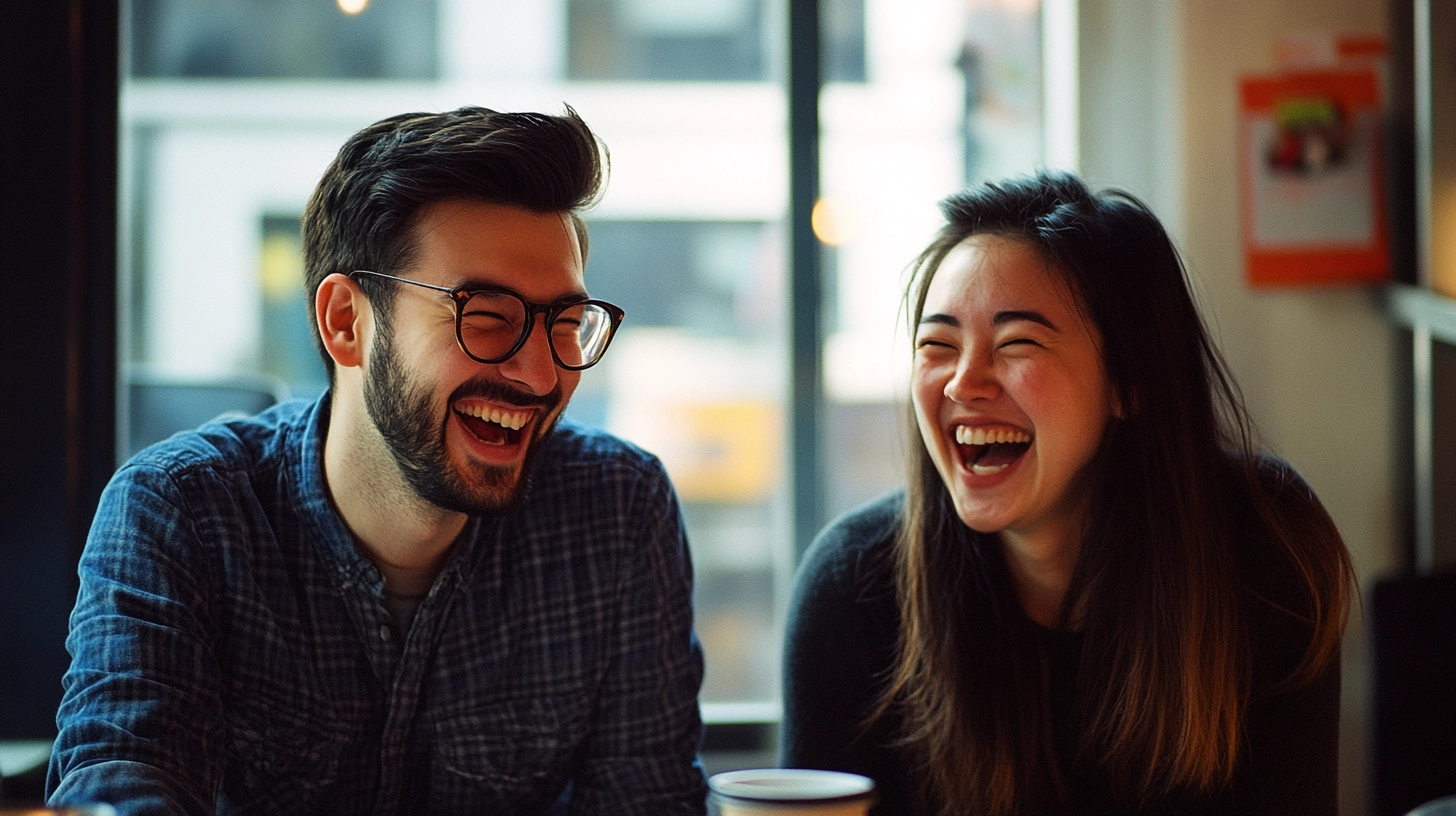 KI generiertes Bild, das Freundschaft am Arbeitsplatz zeigt. Ein Mann und eine Frau sitzen am Schreibtisch und lachen gemeinsam.