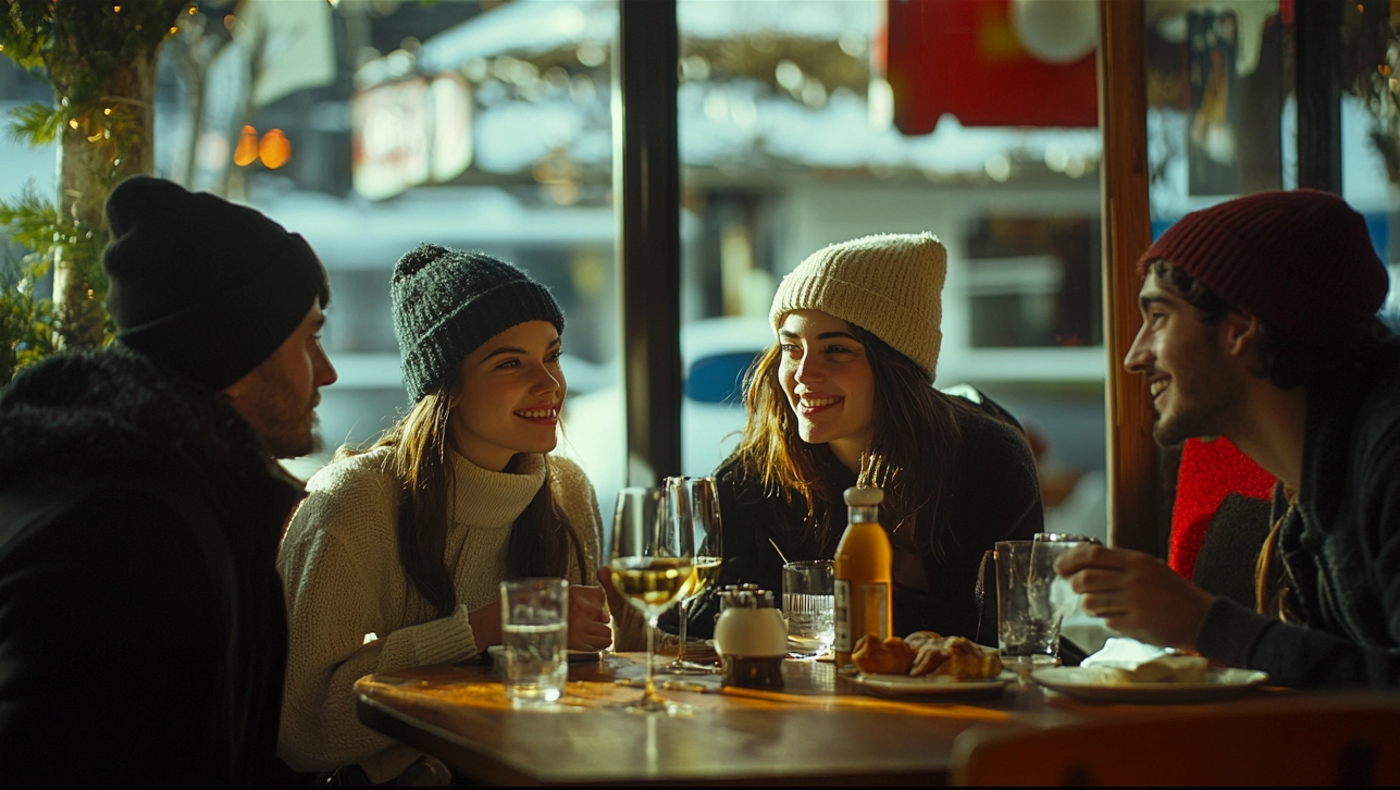 Eine Gruppe von Menschen sitzt in einem Restaurant und besprechen Tag der spontanen Freundlichkeit.