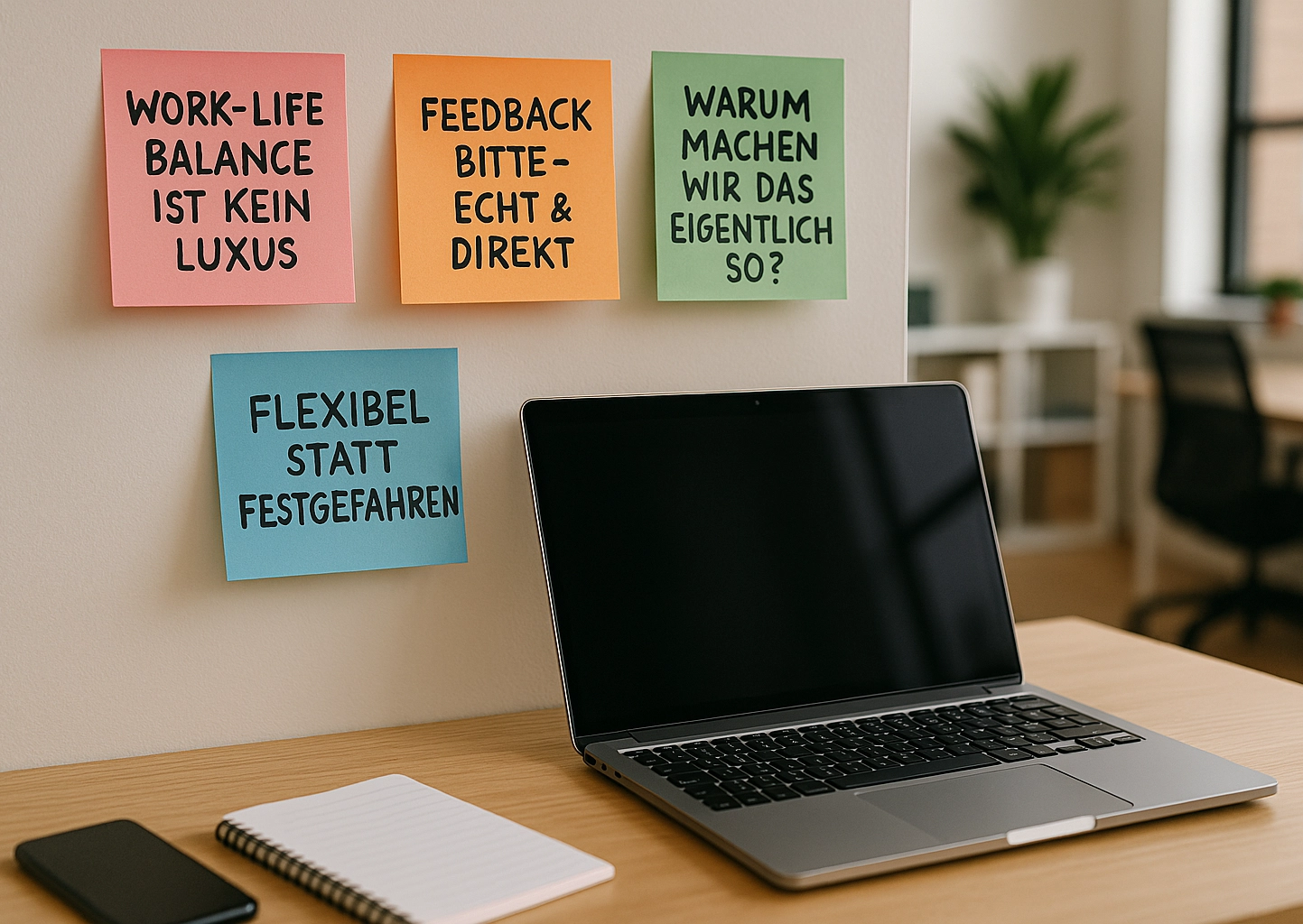Moderner Arbeitsplatz mit Laptop, Handy, Notizen und Post Its an der Wand mit typischen Gen Z Aussagen