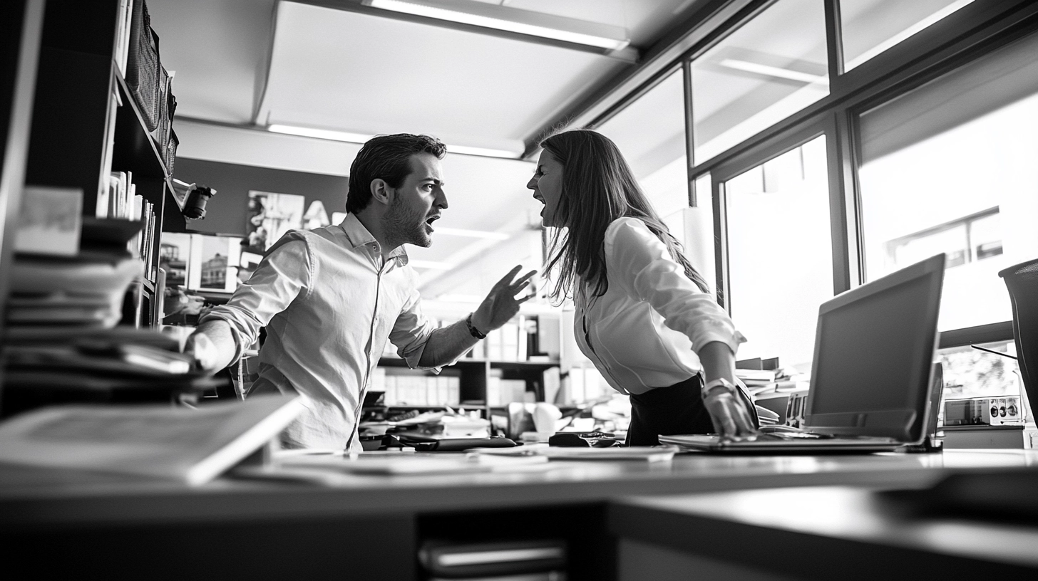 Schwarz-weiß Bild. Ein Mann und eine Frau schreien sich im Büro gegenseitig an. Sie haben keine Schulung in Konfliktmanagement erhalten.