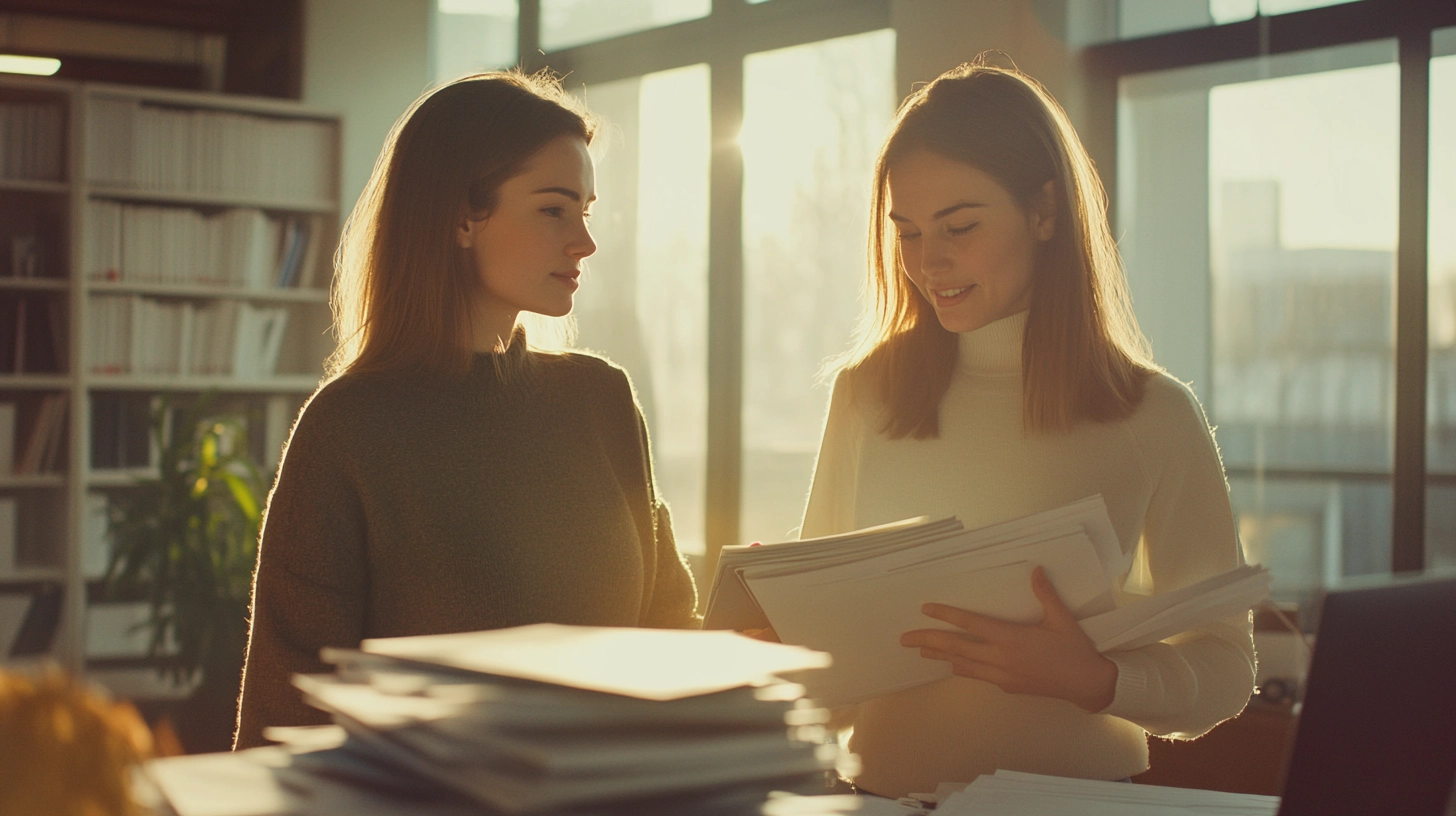 KI-generiertes Bild: Zwei Mitarbeiterinnen stehen zusammen. Eine der beiden klärt die andere über das Thema Finanzileller Druck auf. Die zweite Frau hat Papier in der Hand und liest sich Notizen dazu durch