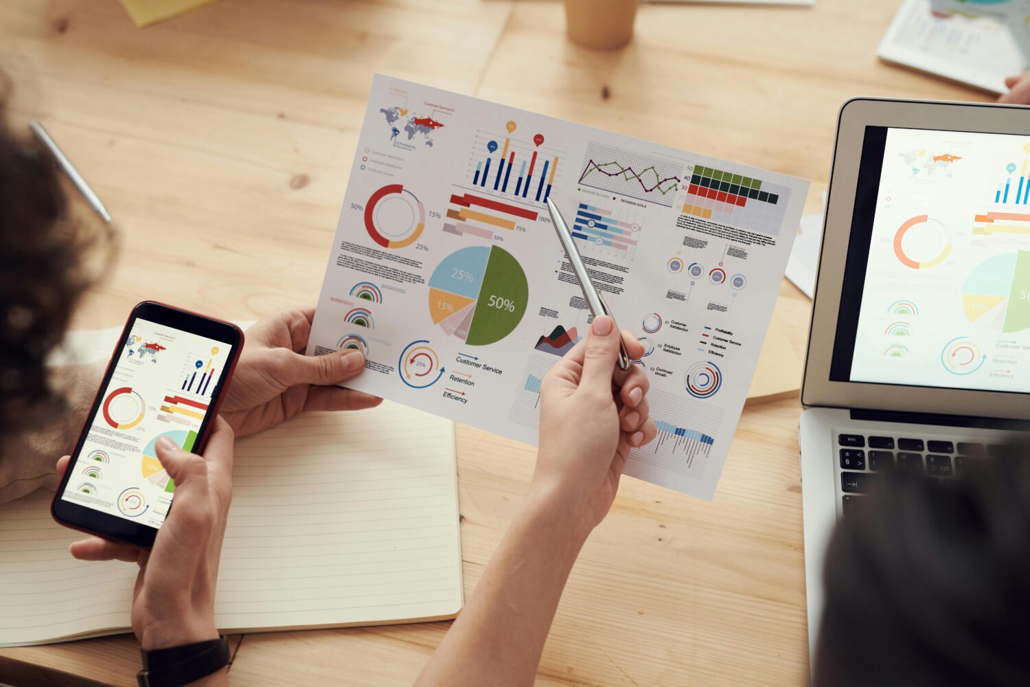 Mensch hält Blatt mit Analysen und Auswertungen in der Hand, links ist noch ein Handy mit Analysen und rechts ein Laptop mit Studienauswertungen.
